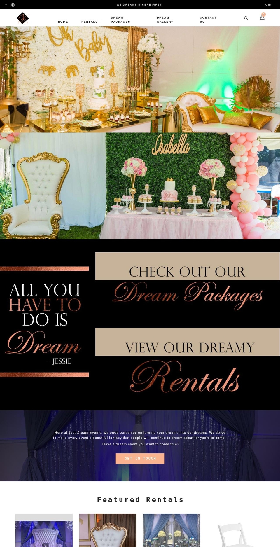 justdreamevents.com — Shopify storefront screenshot