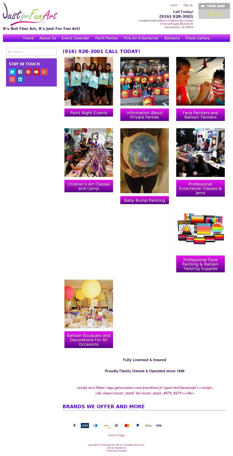 justforfunartparties.com — Shopify storefront screenshot