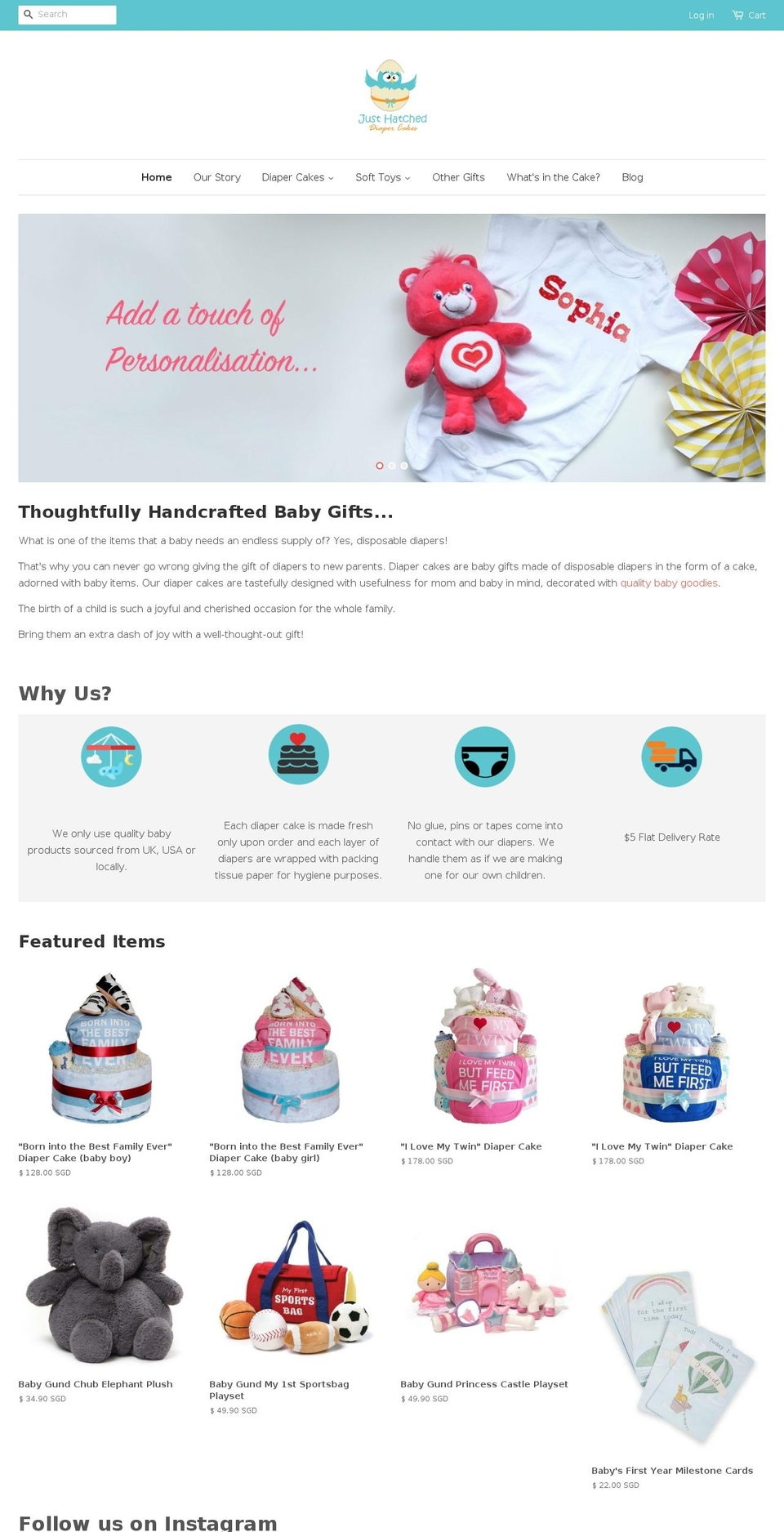 justhatcheddiapercakes.com — Shopify storefront screenshot