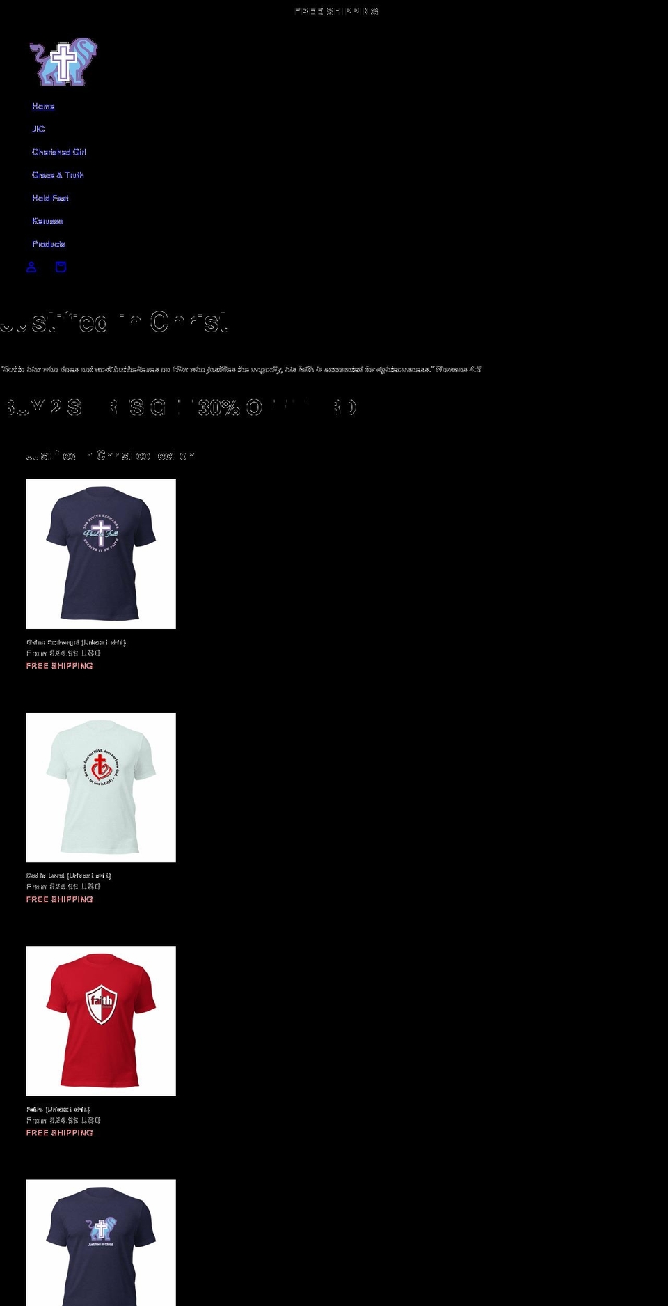 justifiedinchrist.net shopify website screenshot
