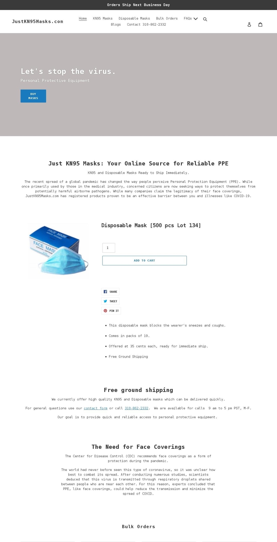 justkn95masks.com shopify website screenshot