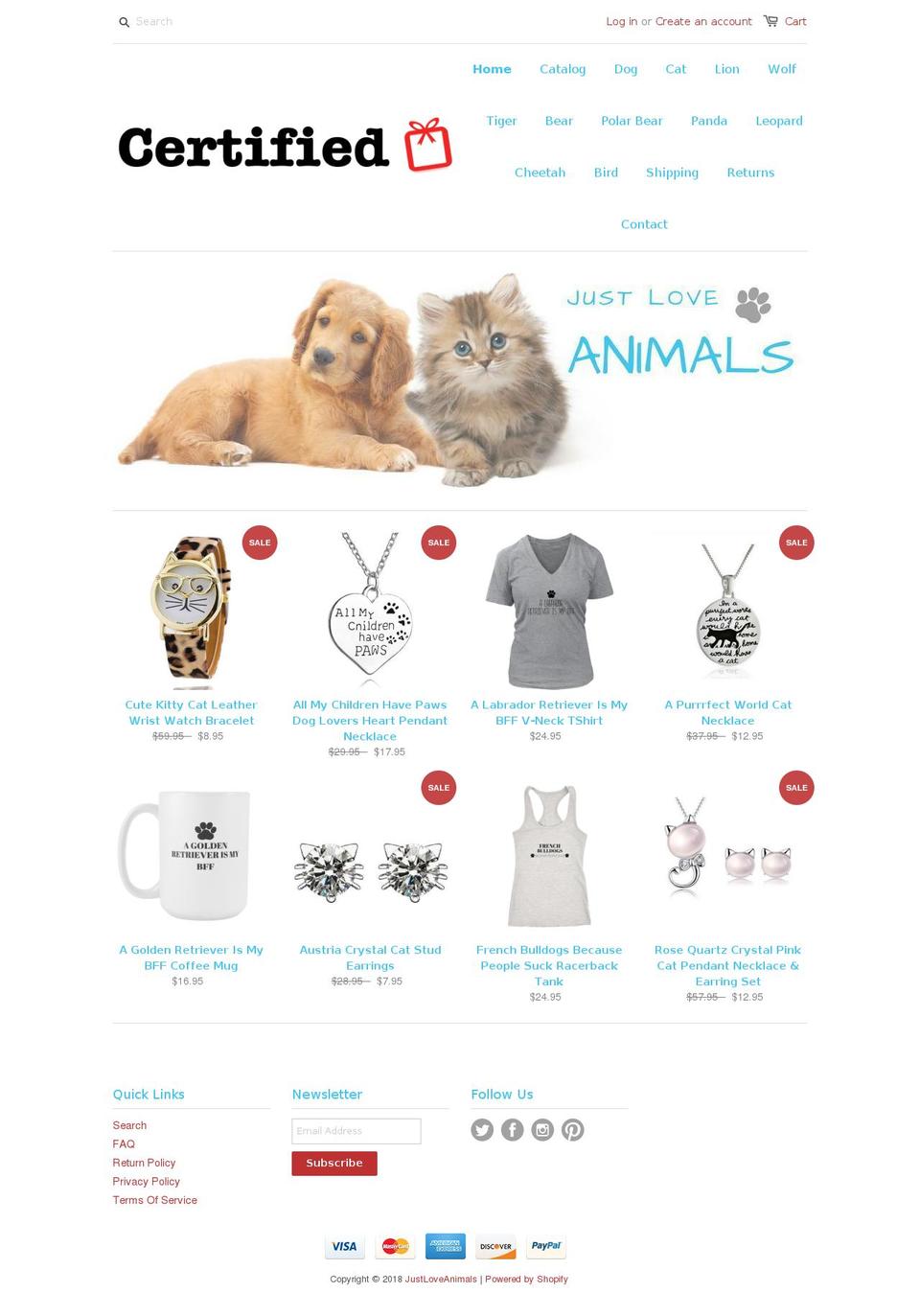 justloveanimals.com shopify website screenshot