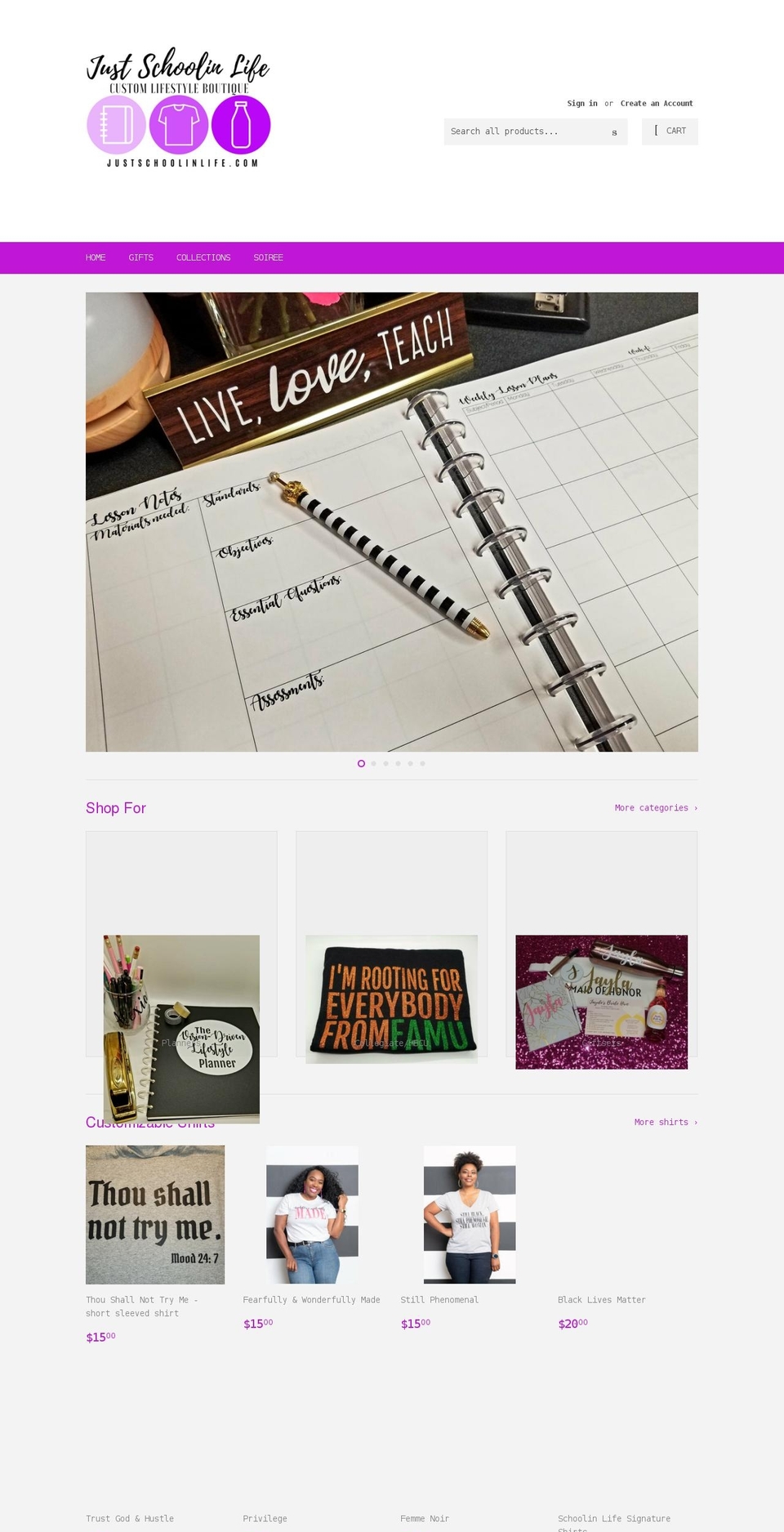 justschoolinlife.com shopify website screenshot