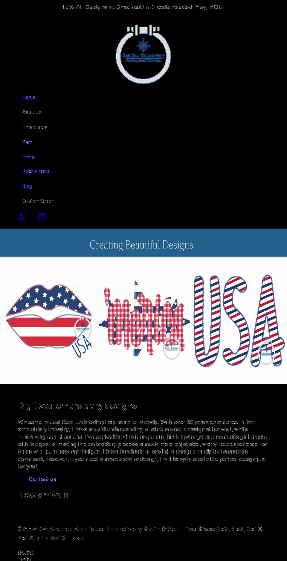 justsewembroidery.com shopify website screenshot