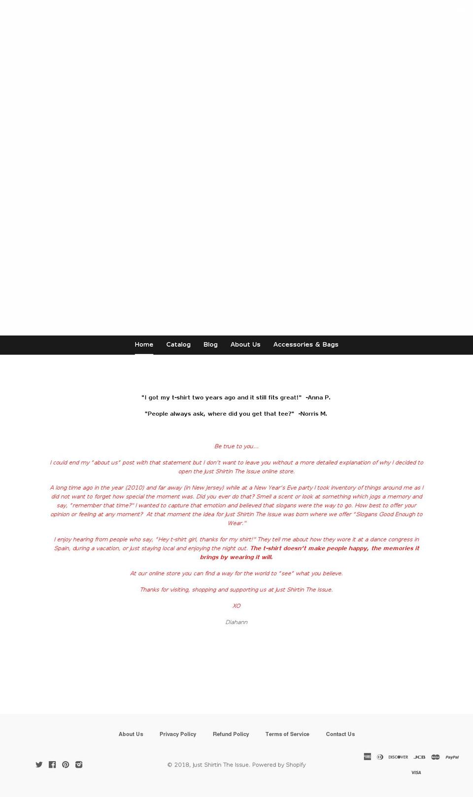 justshirtintheissue.com shopify website screenshot