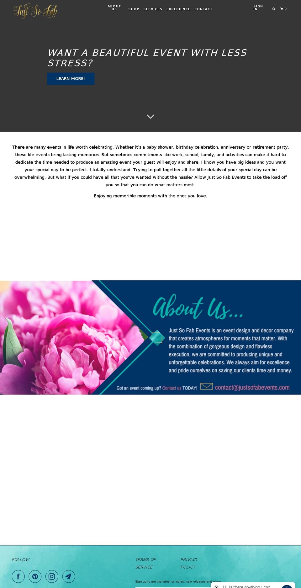 justsofabevents.com — Shopify storefront screenshot
