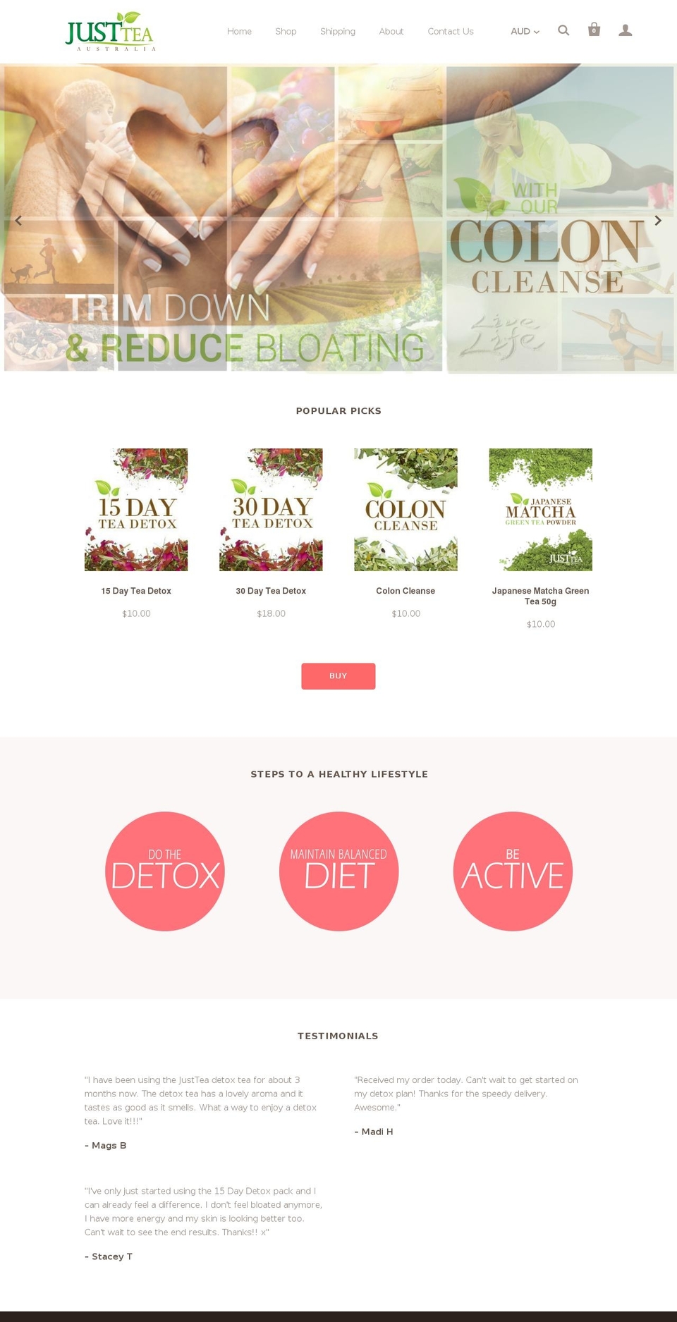 justteaaus.com shopify website screenshot