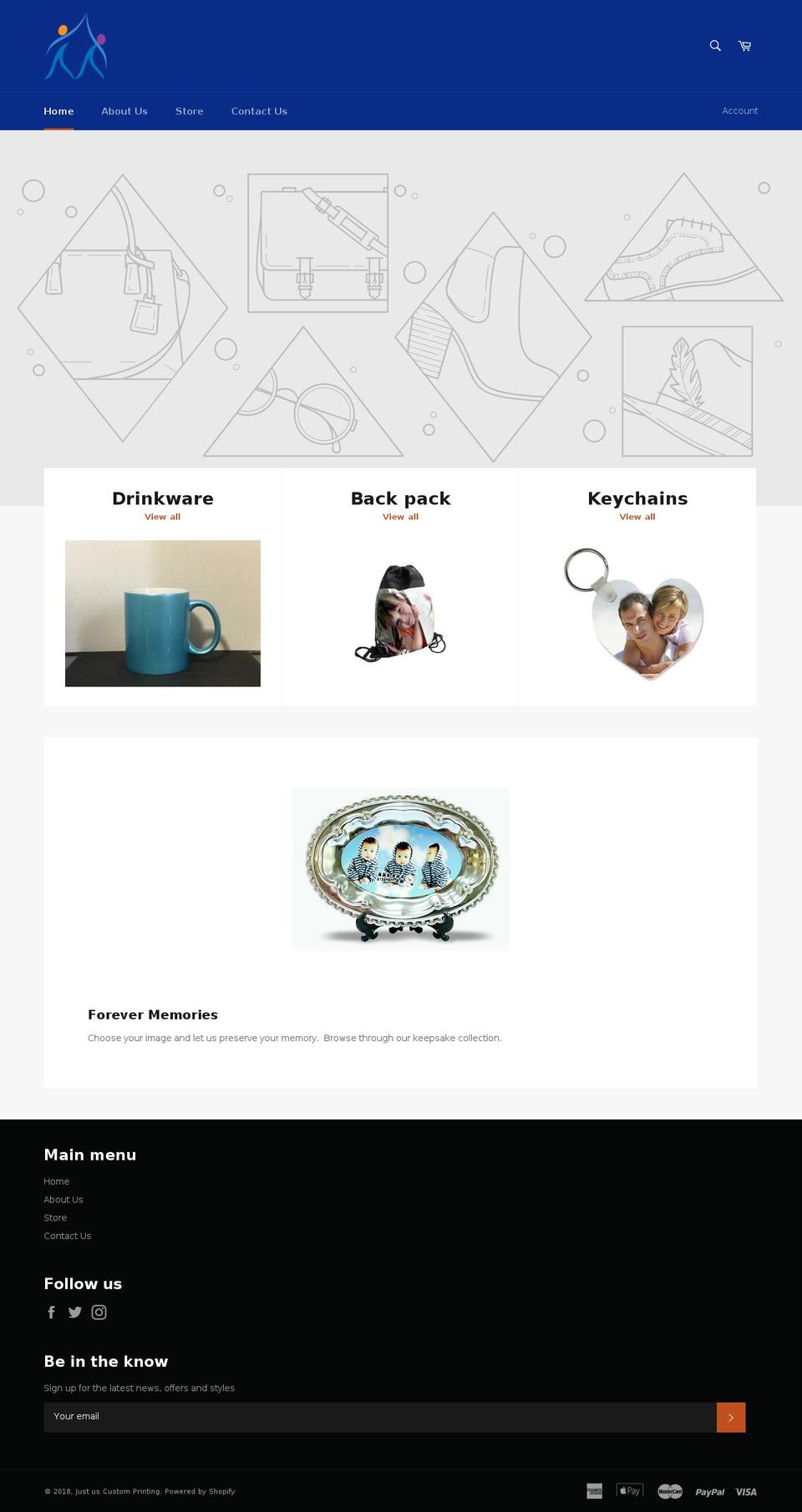 justuscustomprinting.com shopify website screenshot