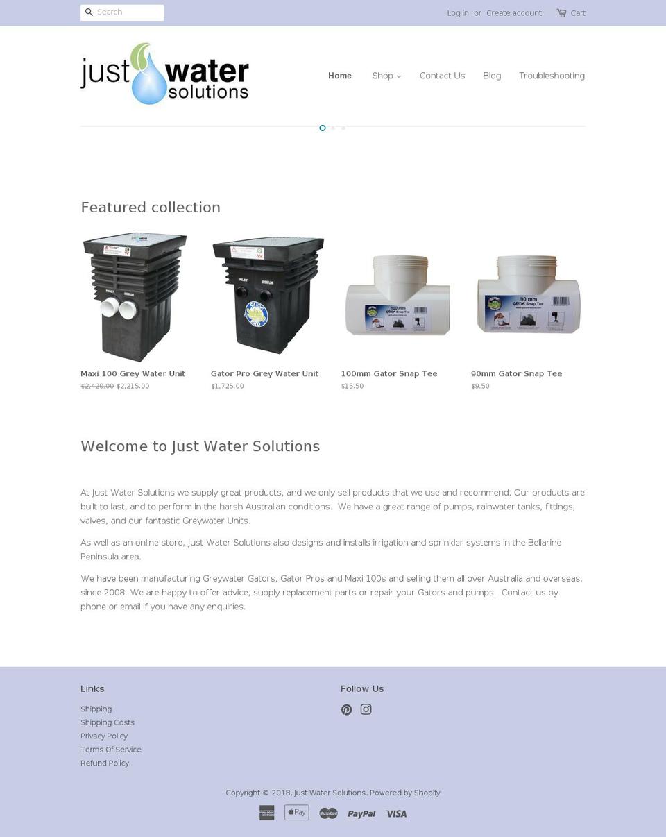 justwatersolutions.com shopify website screenshot