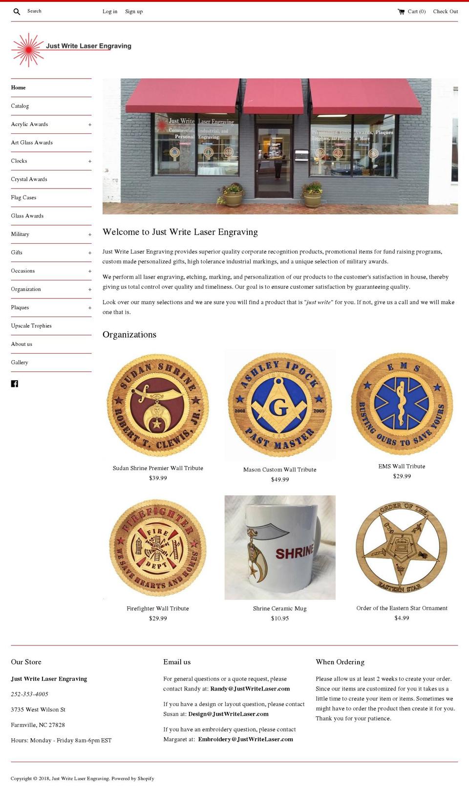 justwritelaser.com — Shopify storefront screenshot