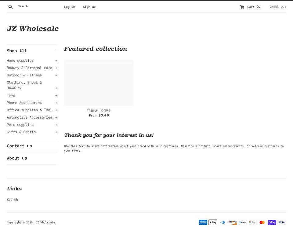 jzwholesale.com shopify website screenshot