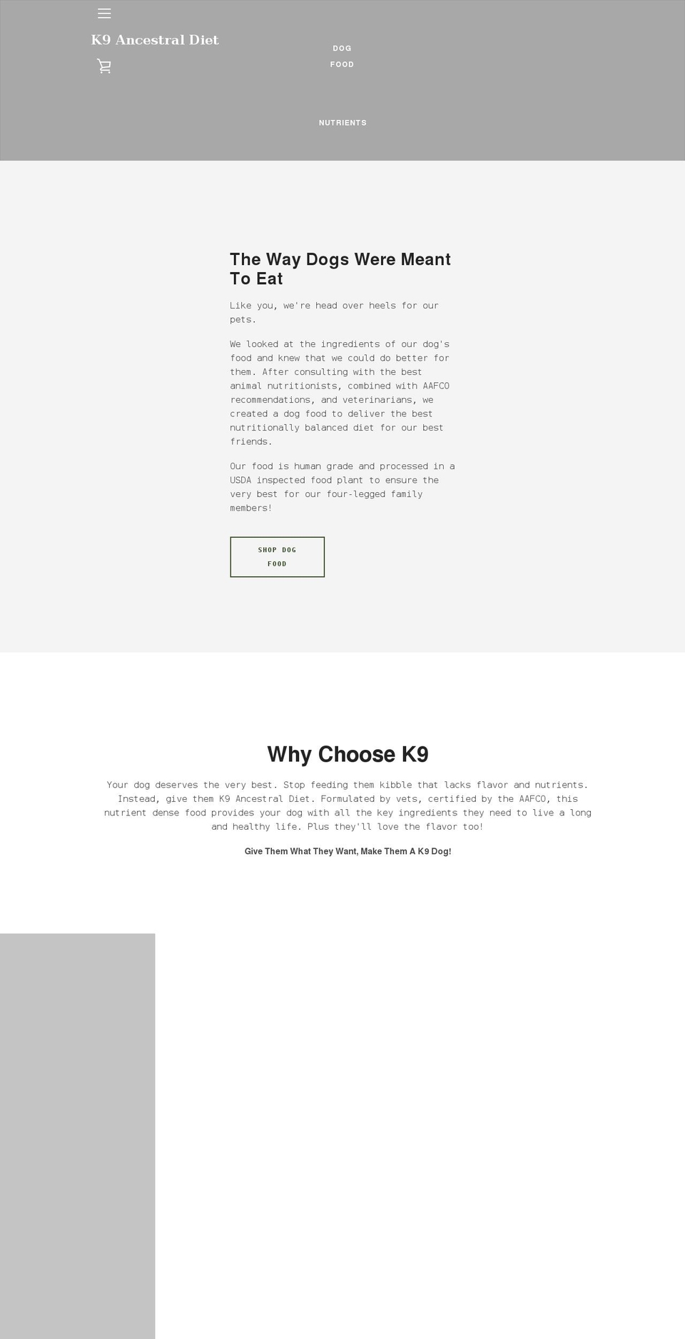 k9ancestraldiet.com shopify website screenshot
