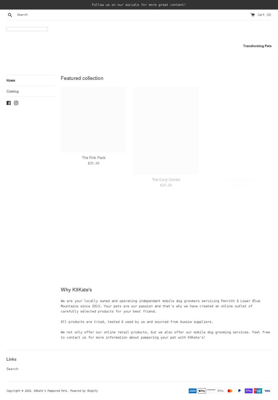 k9katespamperedpets.com shopify website screenshot