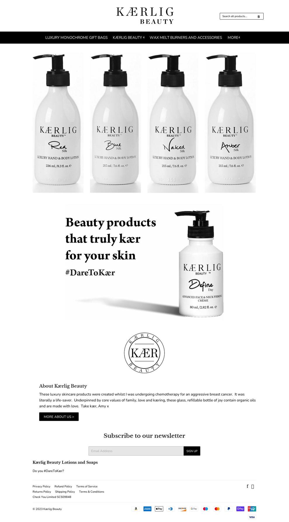 kaerligbeauty.co.uk shopify website screenshot