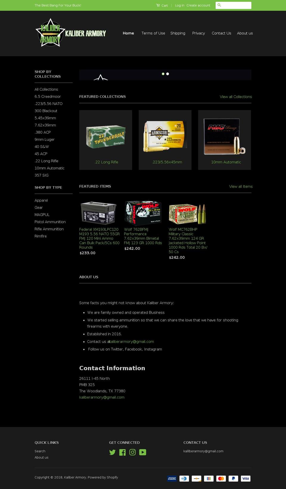 kaliberarmory.com shopify website screenshot
