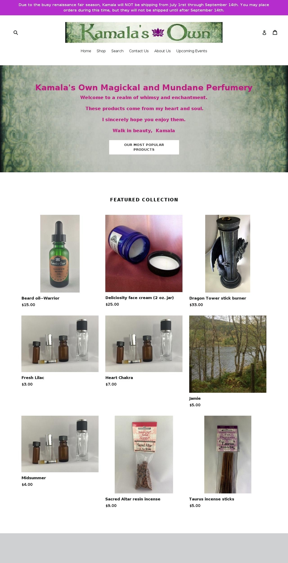 kamalaperfumes.com — Shopify storefront screenshot