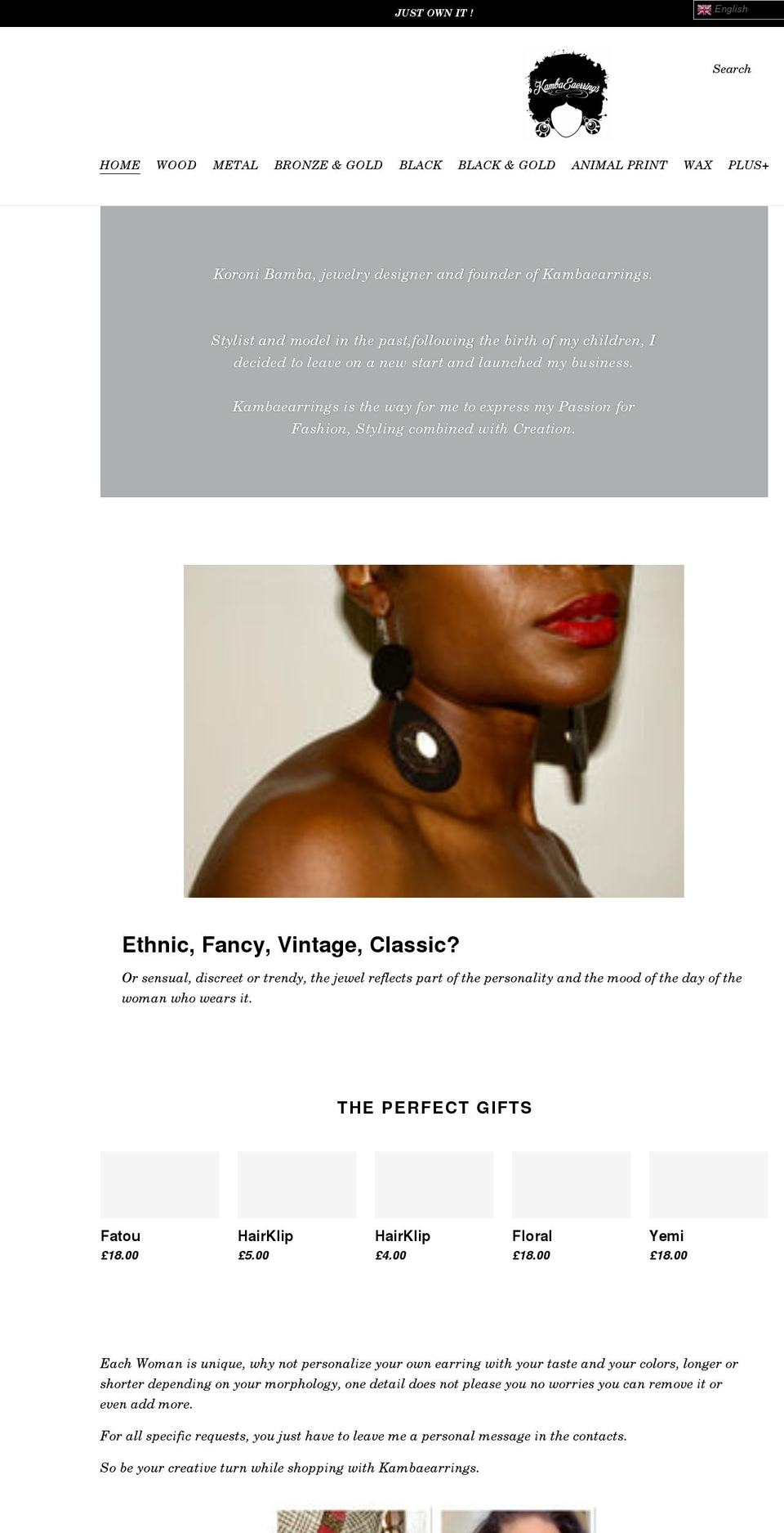 kambaearrings.com shopify website screenshot