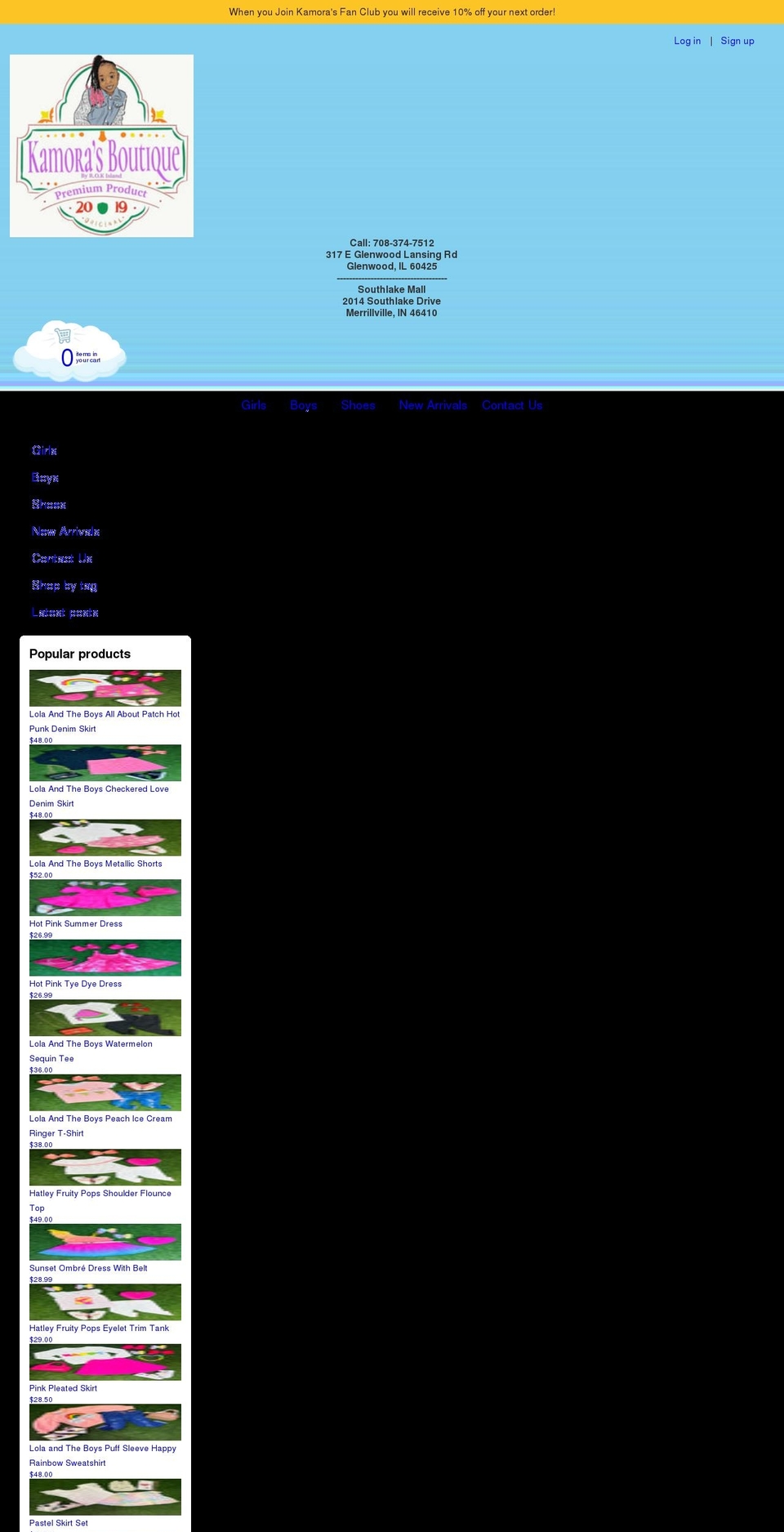kamorasboutique.com shopify website screenshot