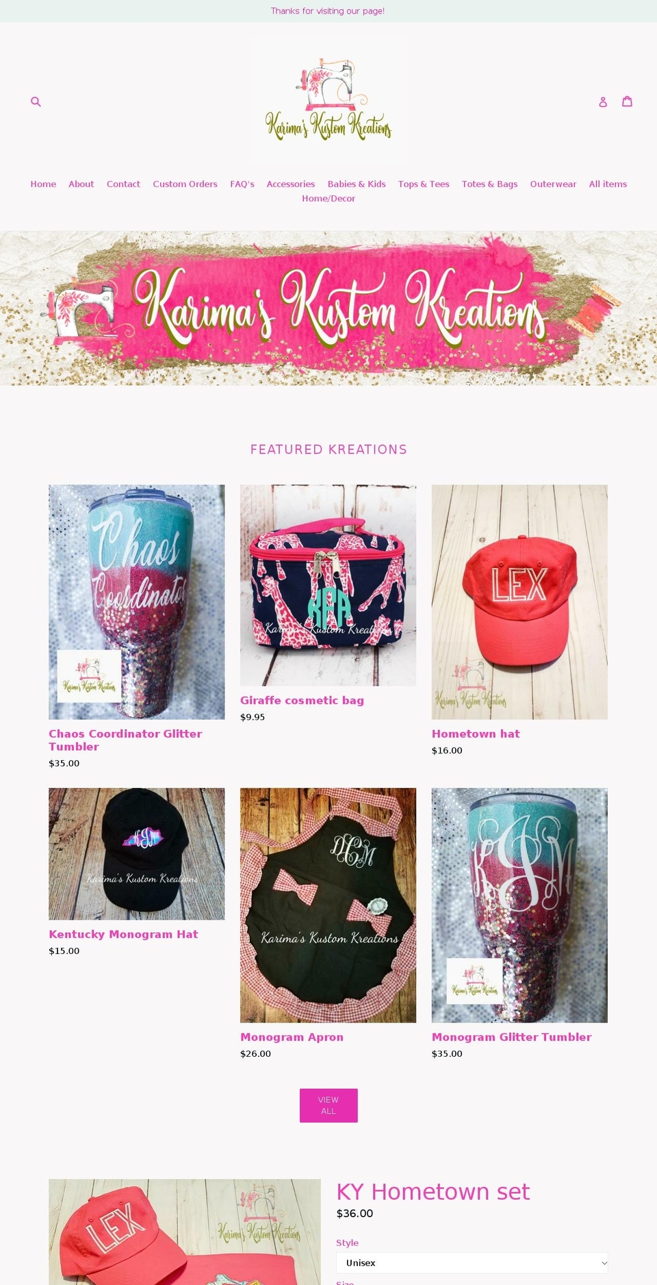 karimaskustomkreations.com — Shopify storefront screenshot