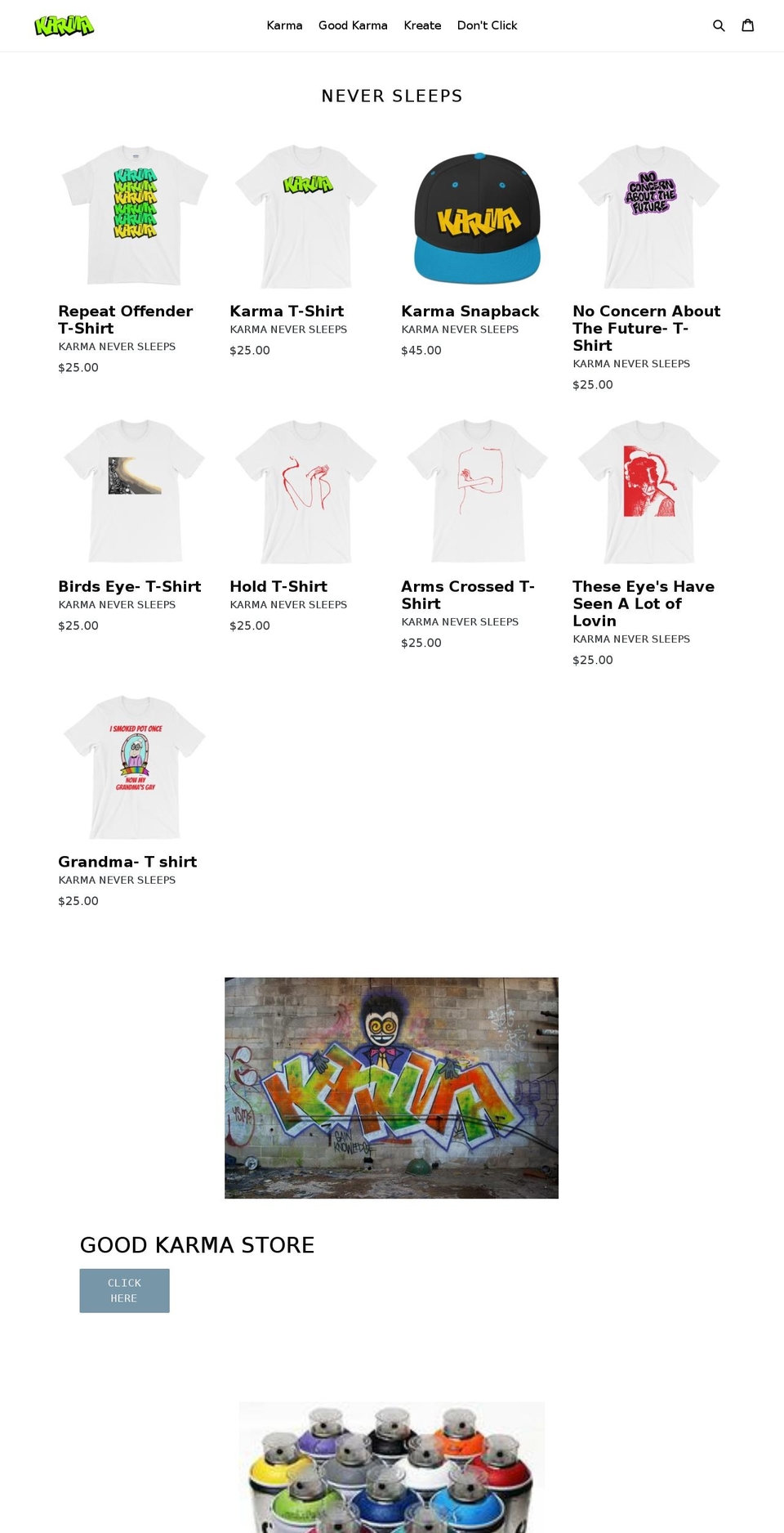 karmaneversleeps.com — Shopify storefront screenshot