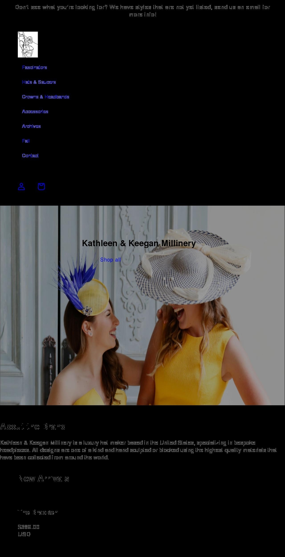 kathleenandkeeganmillinery.com shopify website screenshot