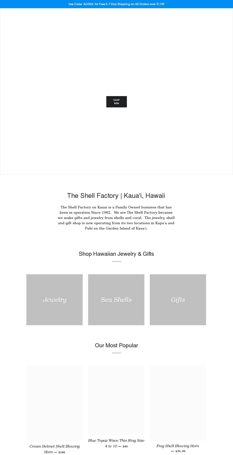 kauaishellfactory.com shopify website screenshot