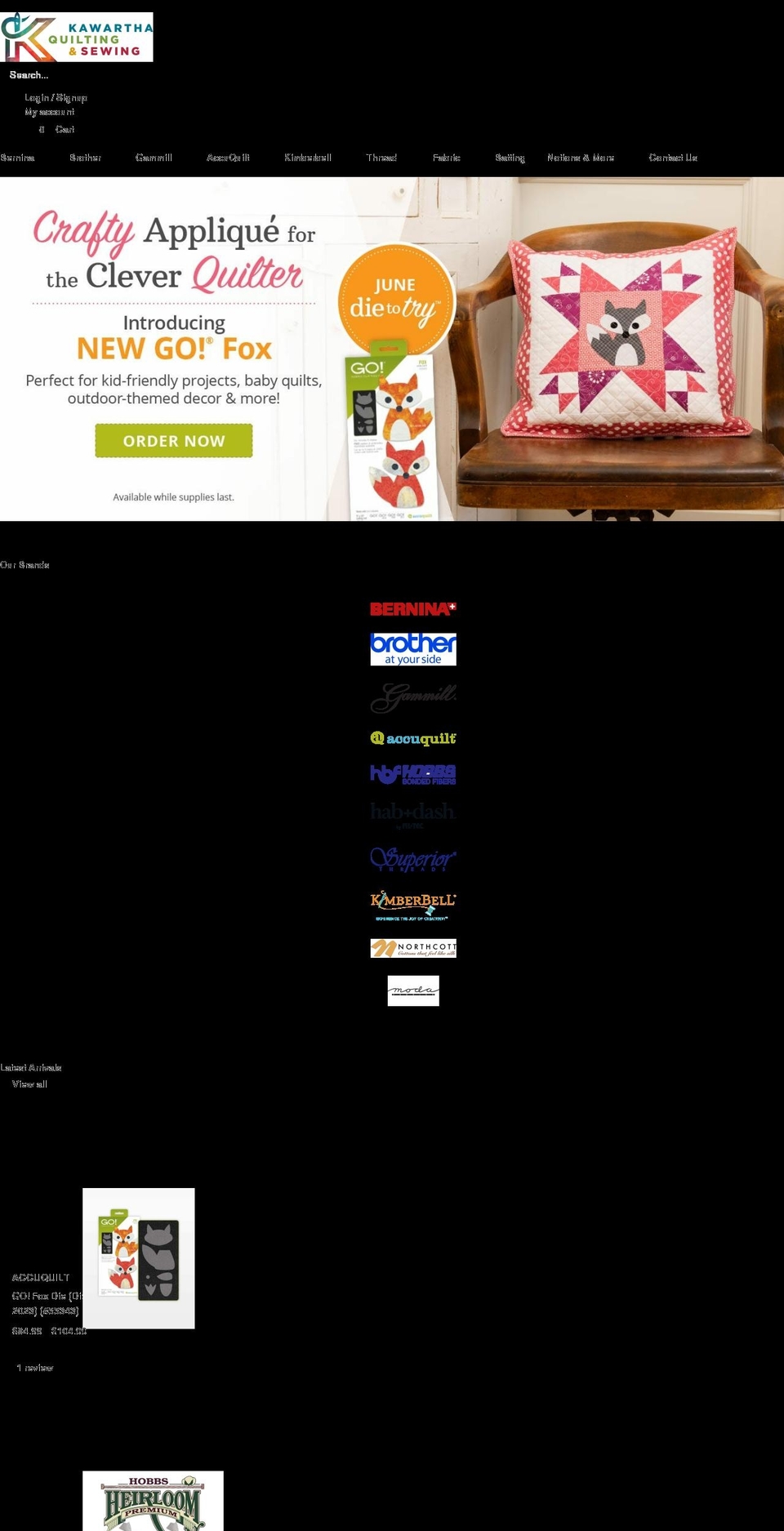 kawarthaquiltingandsewing.com shopify website screenshot
