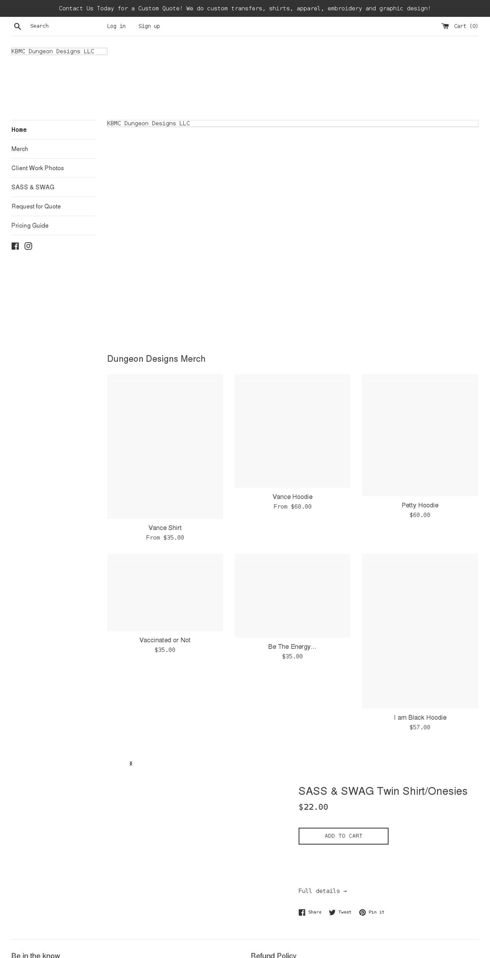 kbmcdungeondesigns.com shopify website screenshot