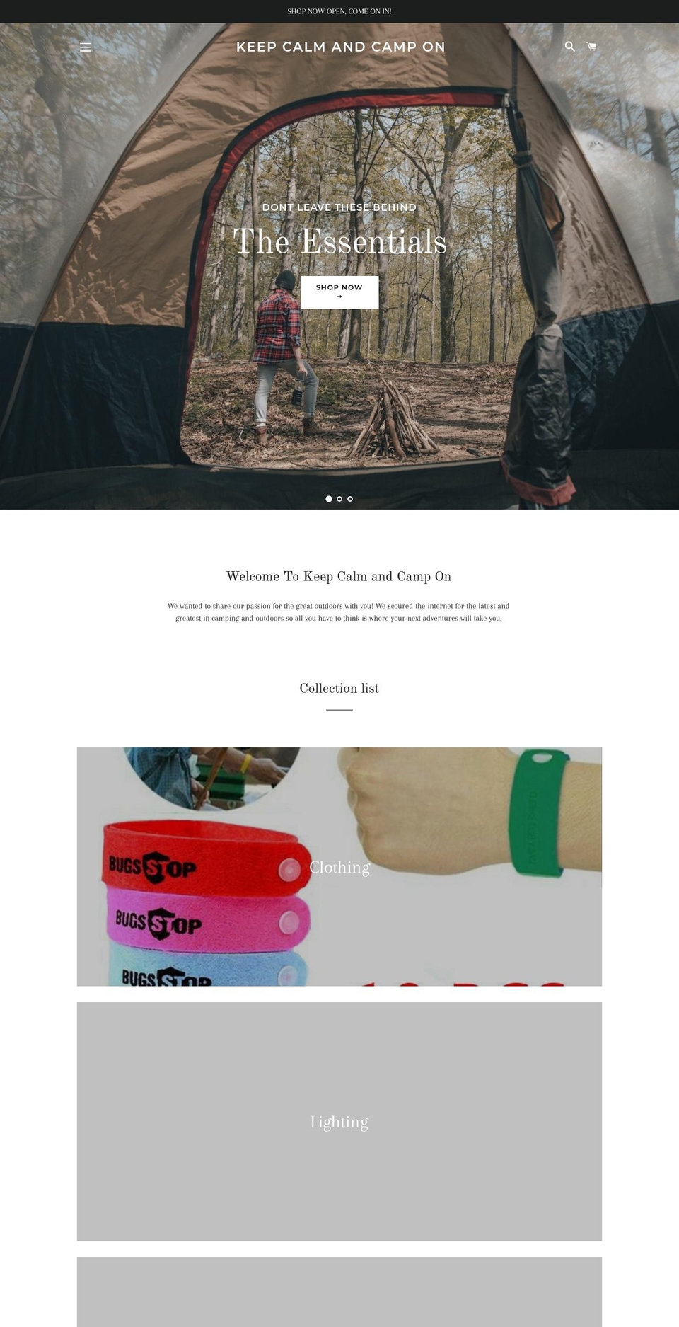 keepcalmandcampon.com shopify website screenshot