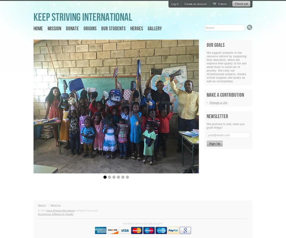 keepstrivinginternational.org shopify website screenshot