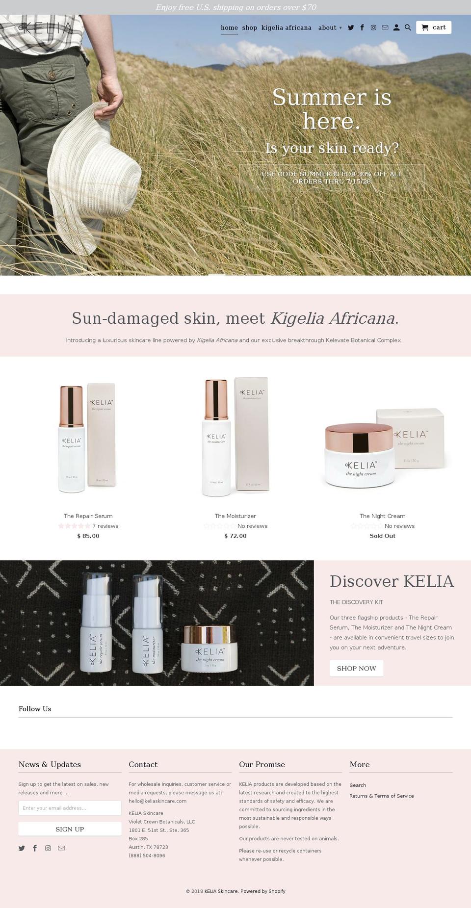 keliaskincare.com shopify website screenshot