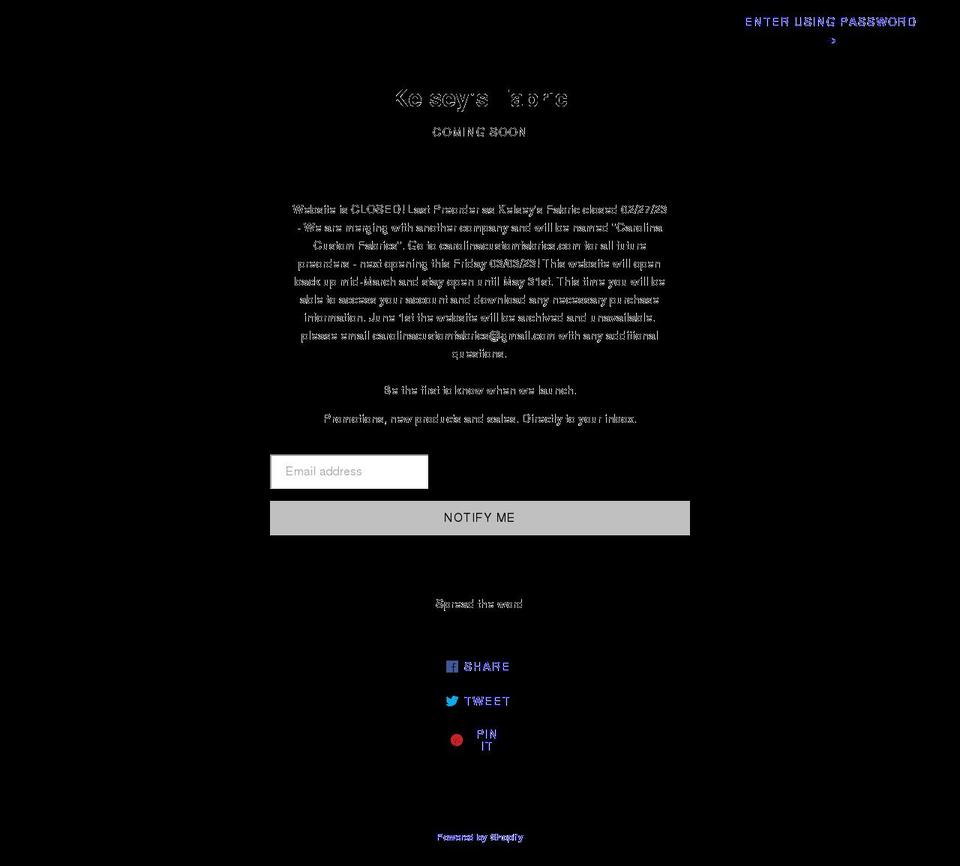 kelseys-fabric.myshopify.com shopify website screenshot