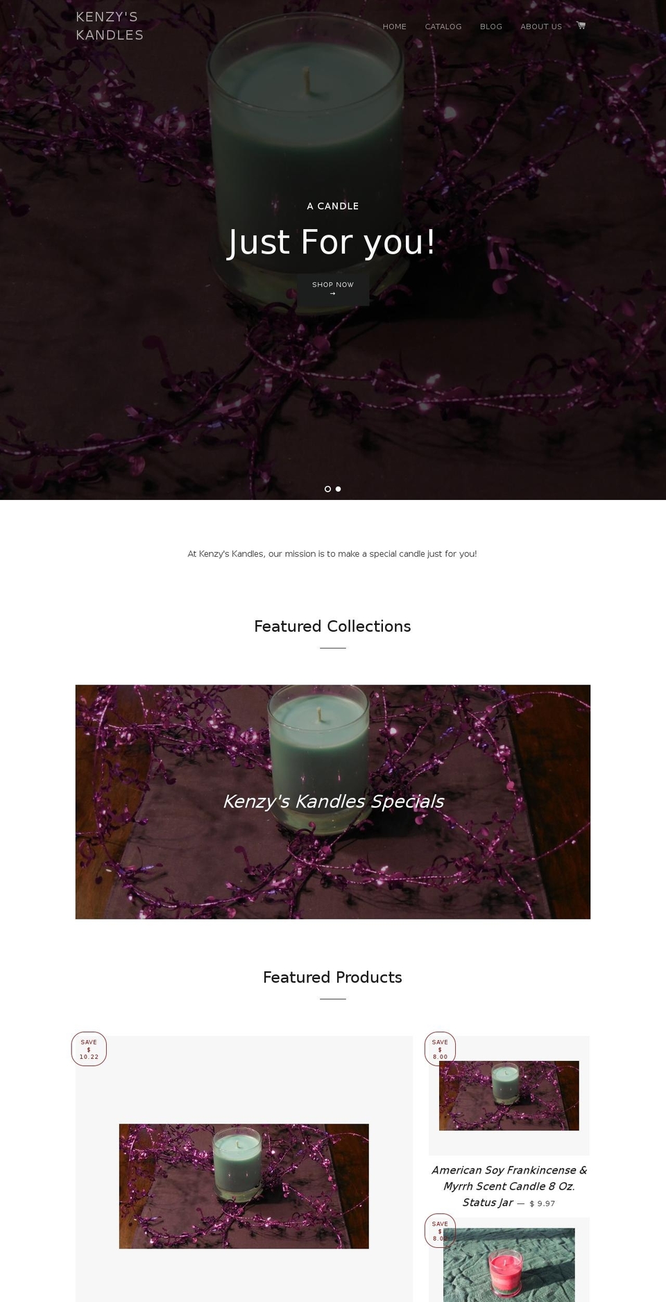 kenziescandles.com shopify website screenshot