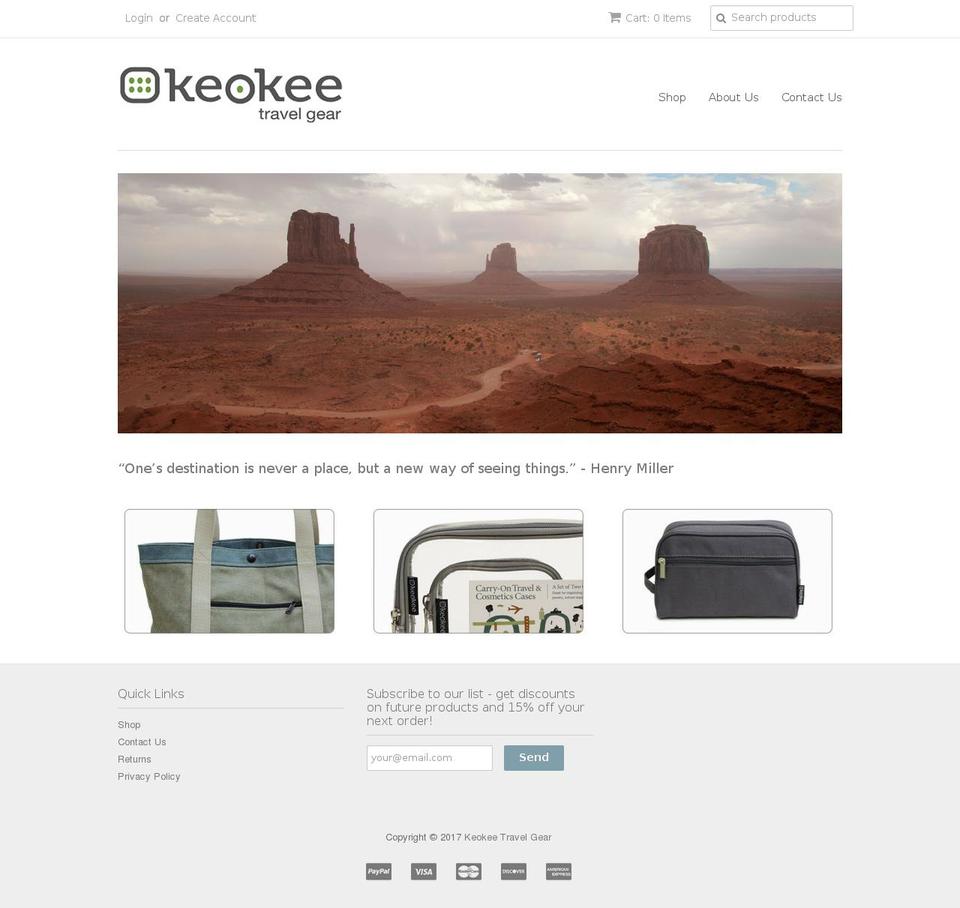 keokeetravelgear.com shopify website screenshot