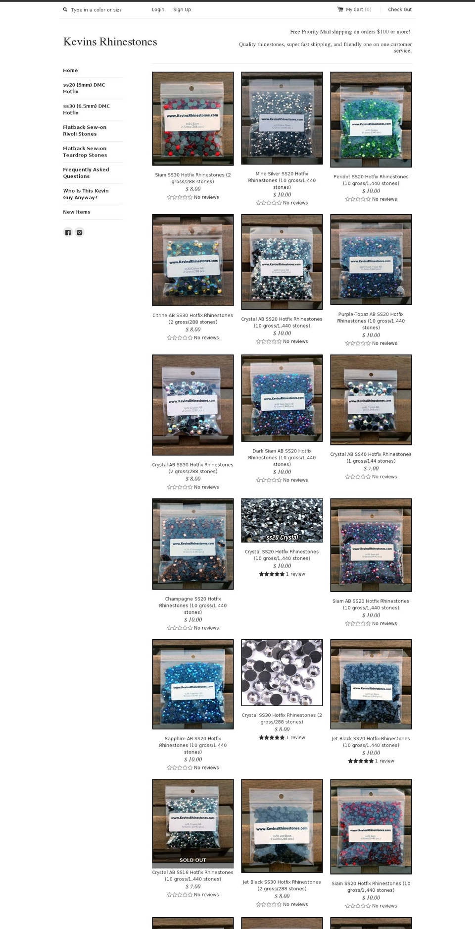 kevinsrhinestones.com shopify website screenshot