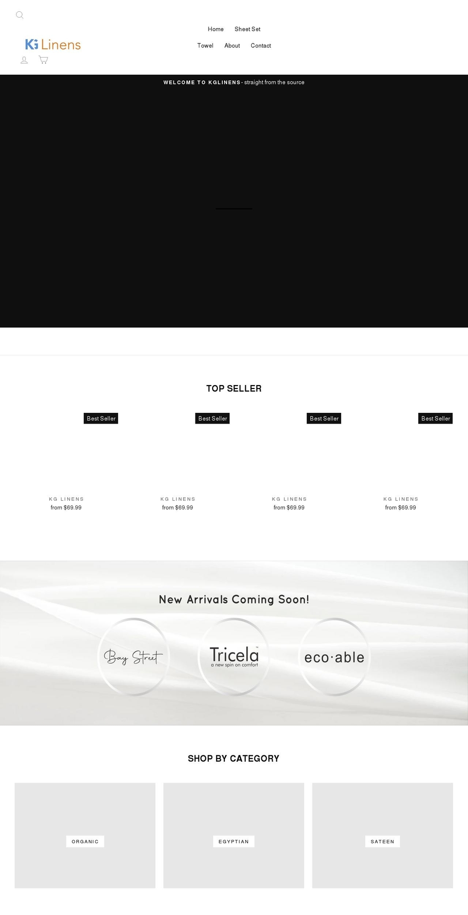 kglinens.com shopify website screenshot