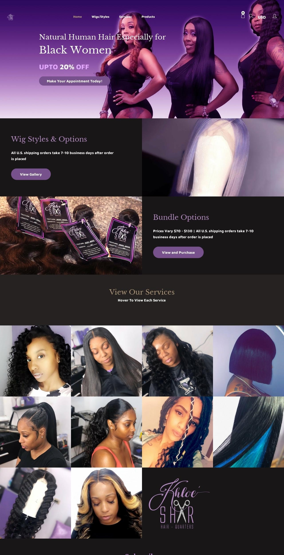 khloesharhair.com shopify website screenshot