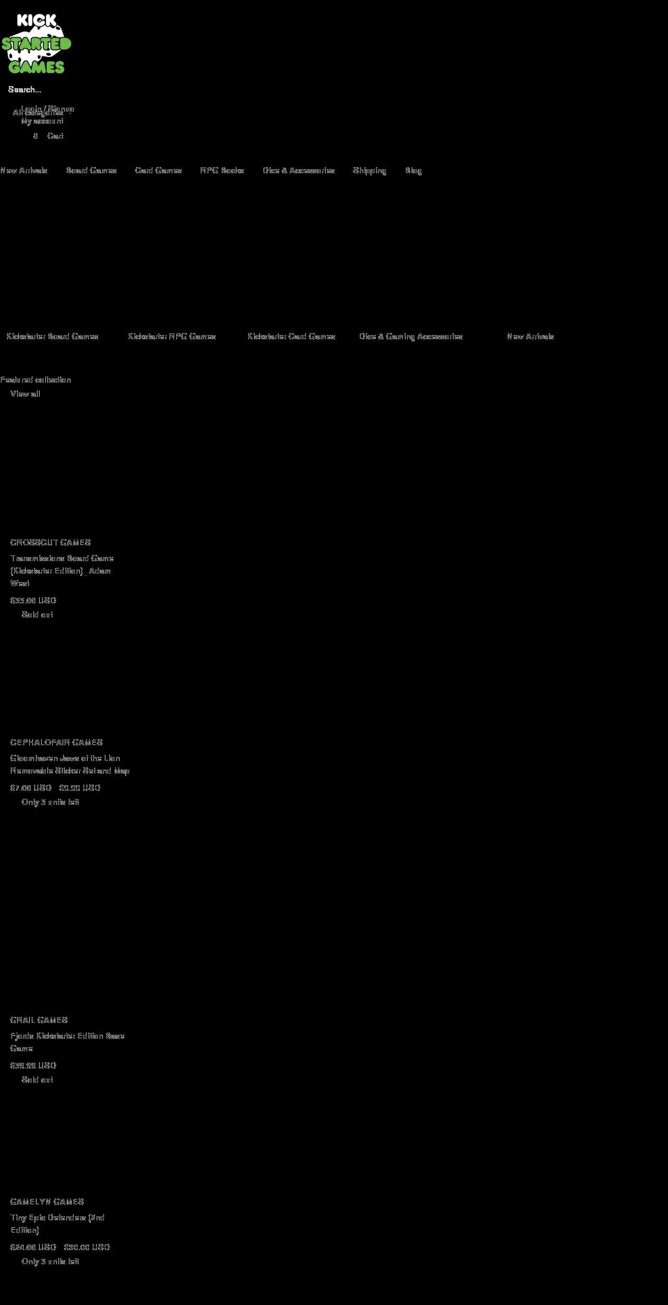 kickstartedgames.com shopify website screenshot