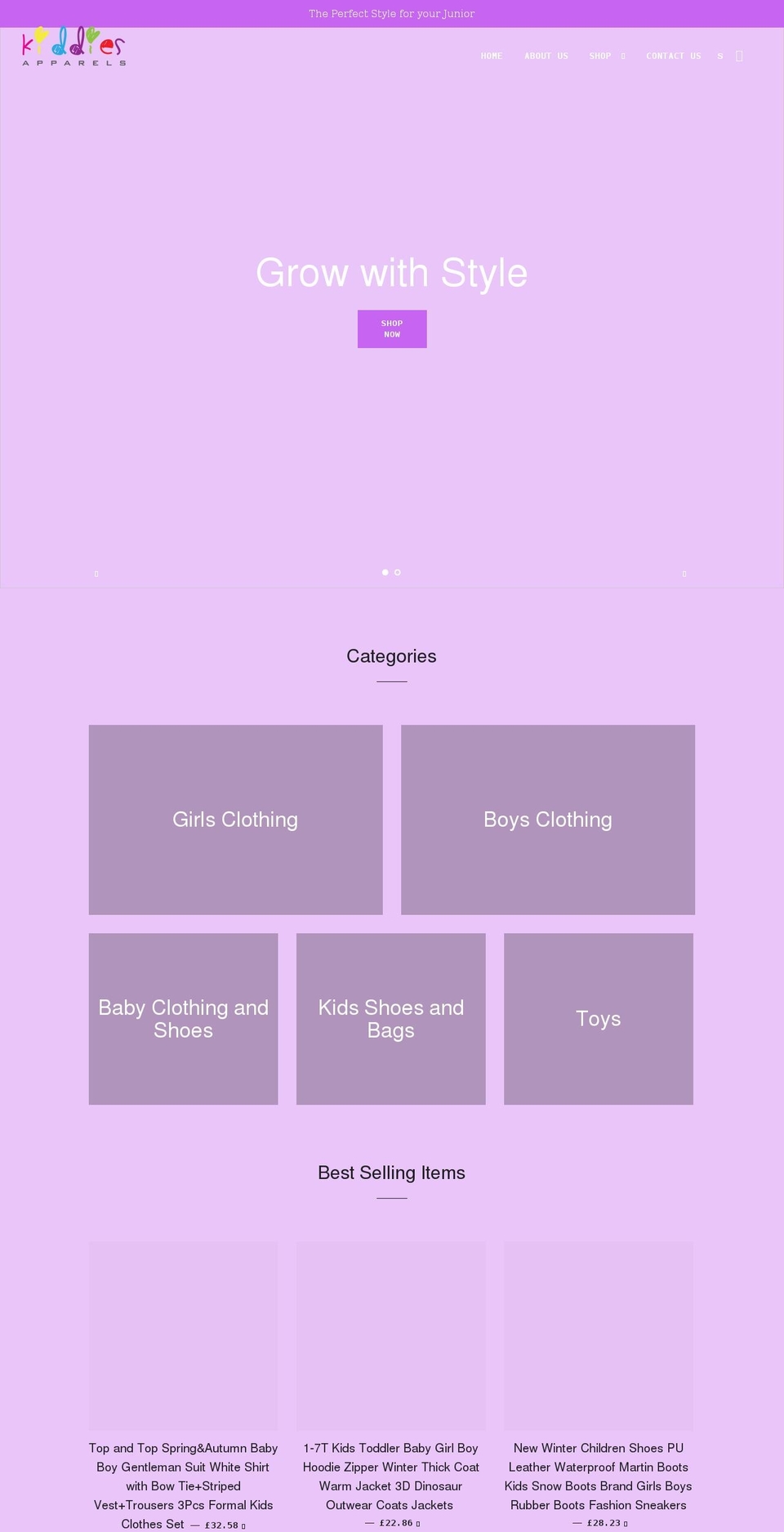 kiddiesapparels.com shopify website screenshot