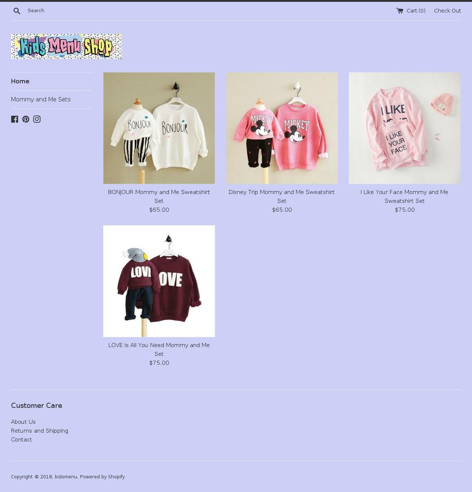 kidsmenushop.com shopify website screenshot