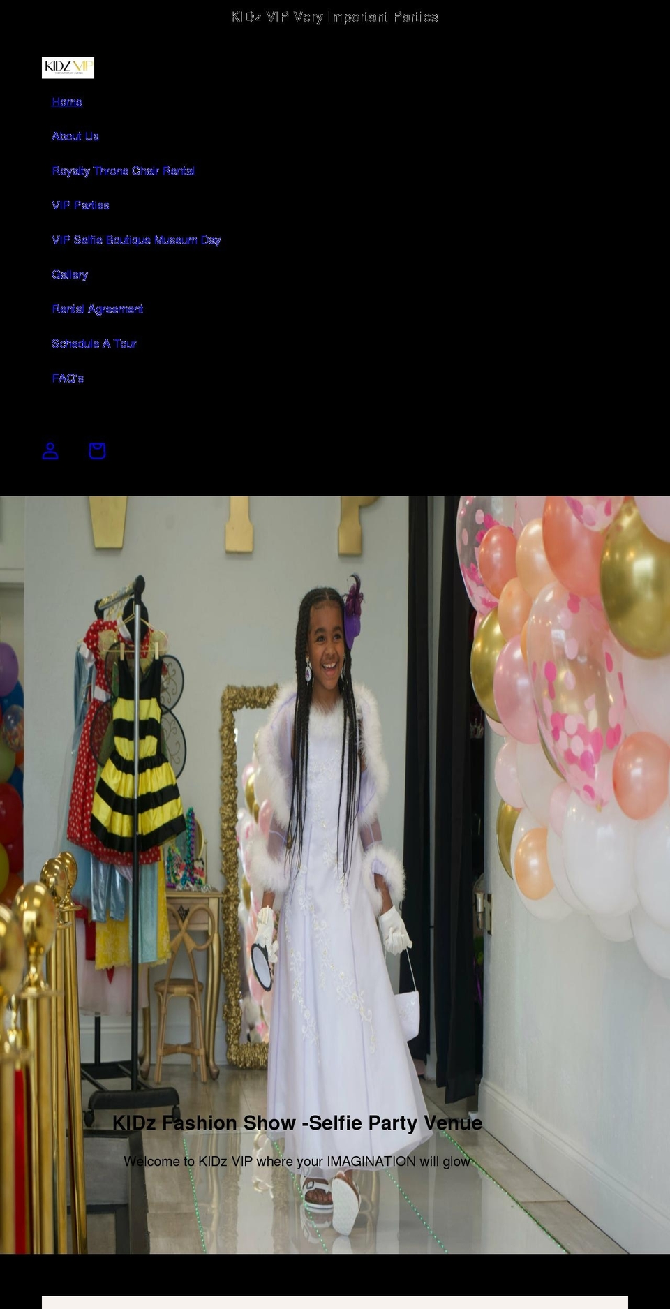 kidzvipartiesllc.com shopify website screenshot