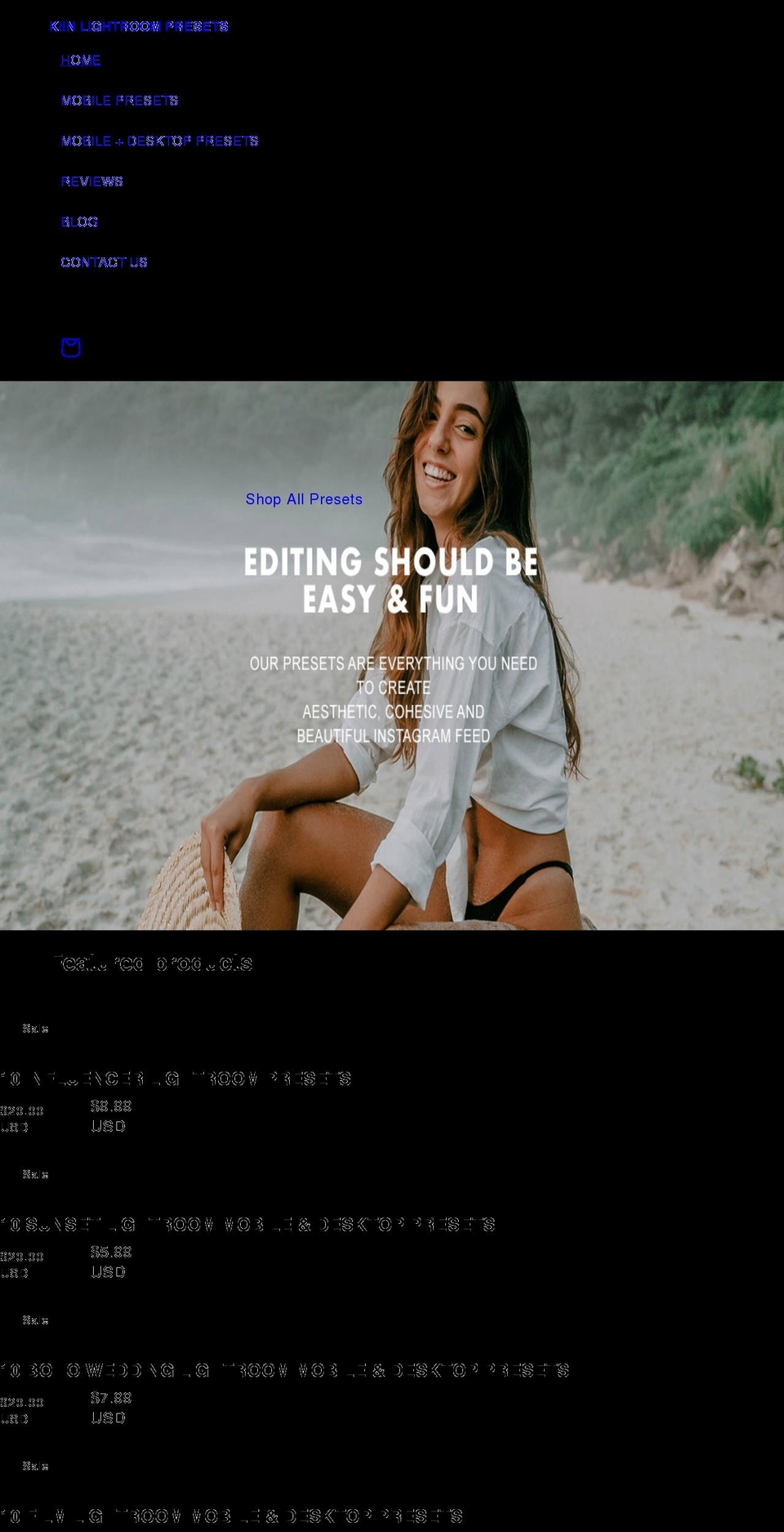 kiinlightroompresets.com shopify website screenshot
