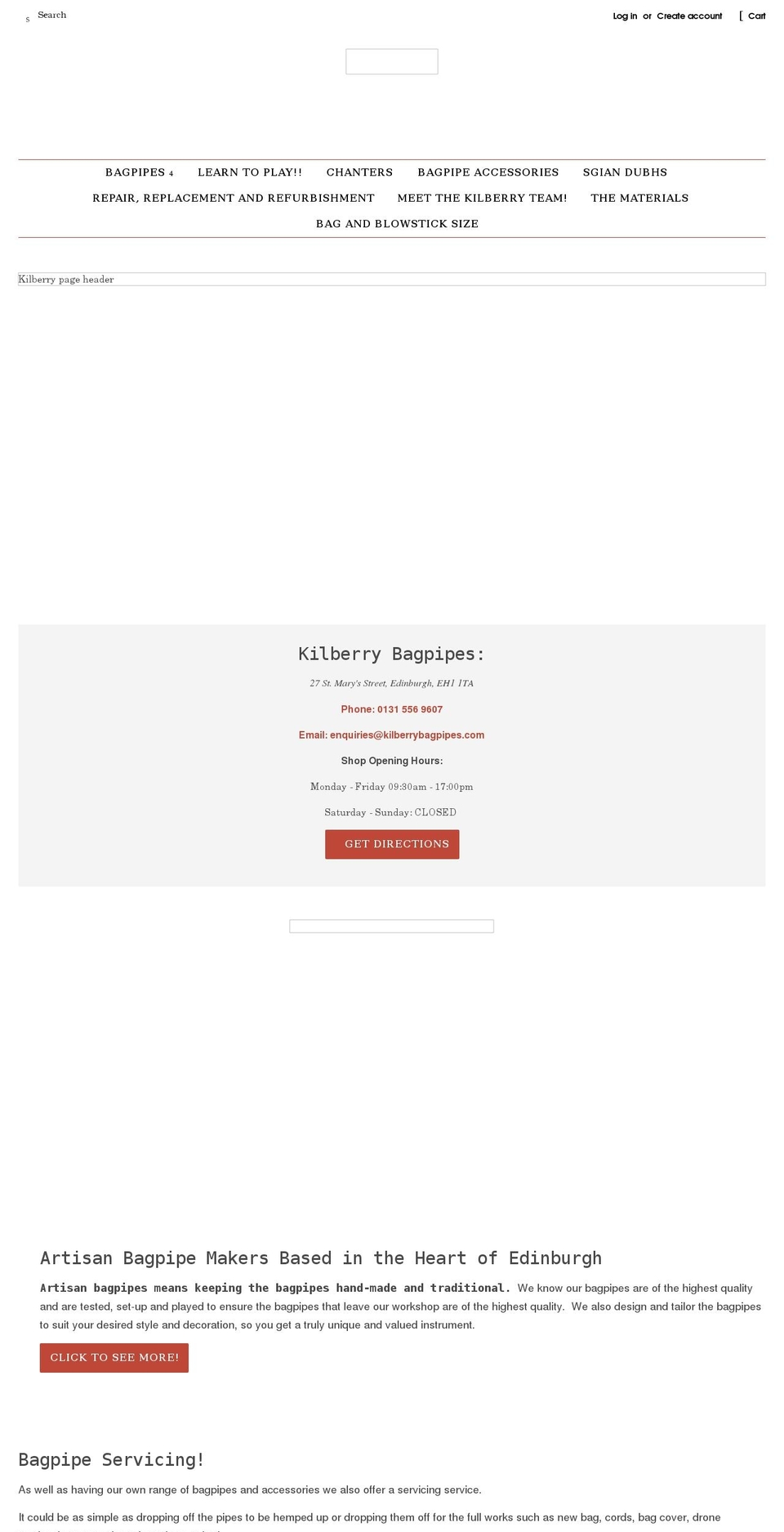 kilberrybagpipes.com shopify website screenshot