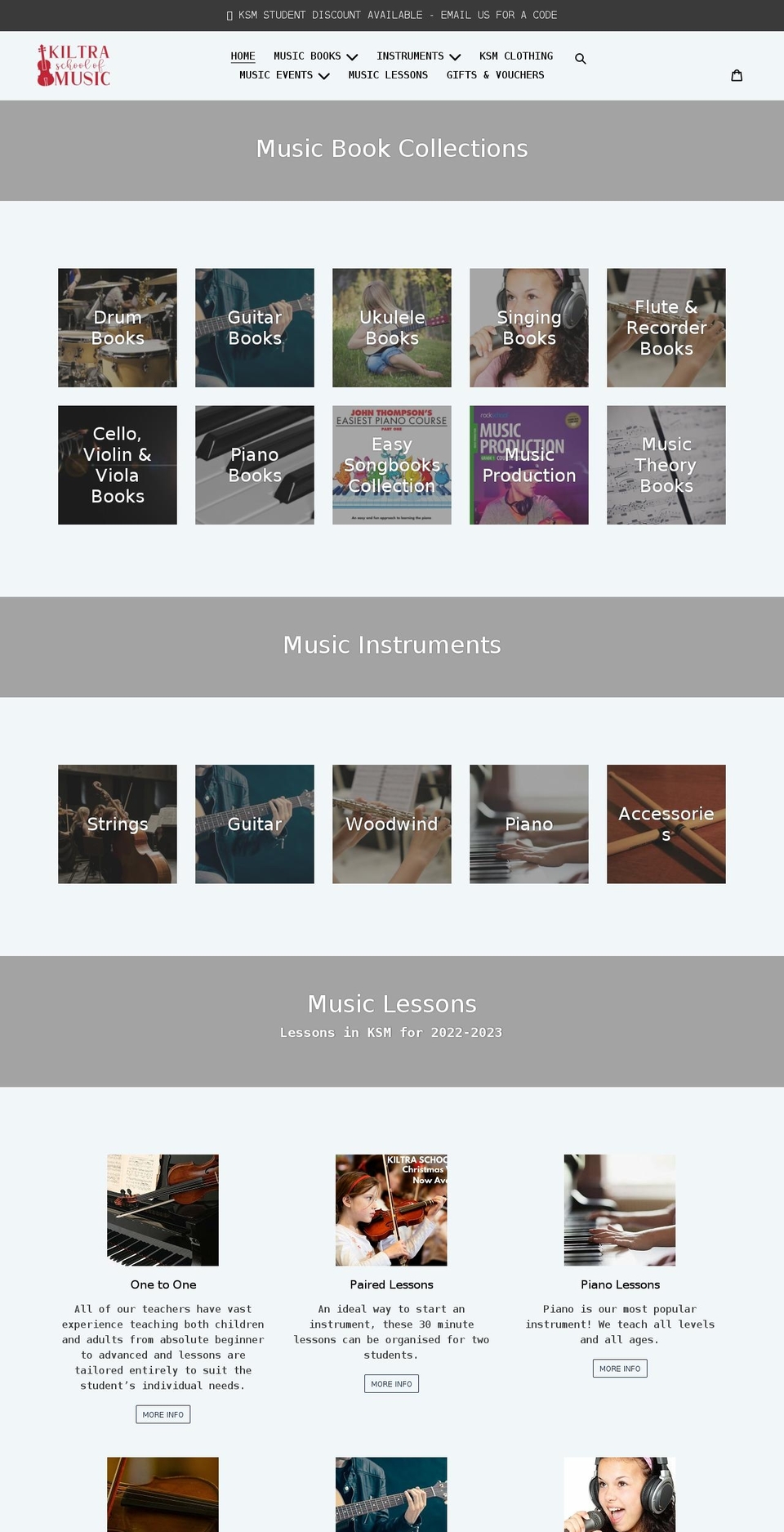 kiltraschoolofmusicshop.ie shopify website screenshot