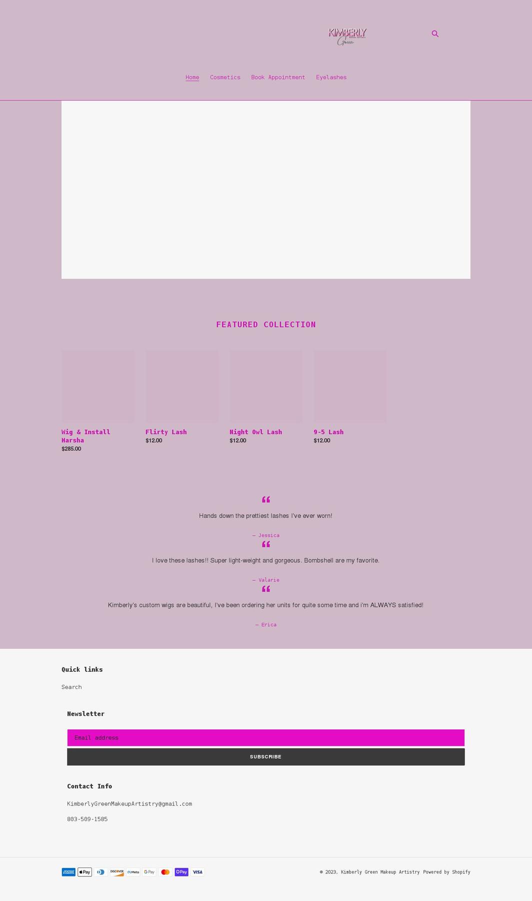 kimberlygreenmakeupartistry.com shopify website screenshot