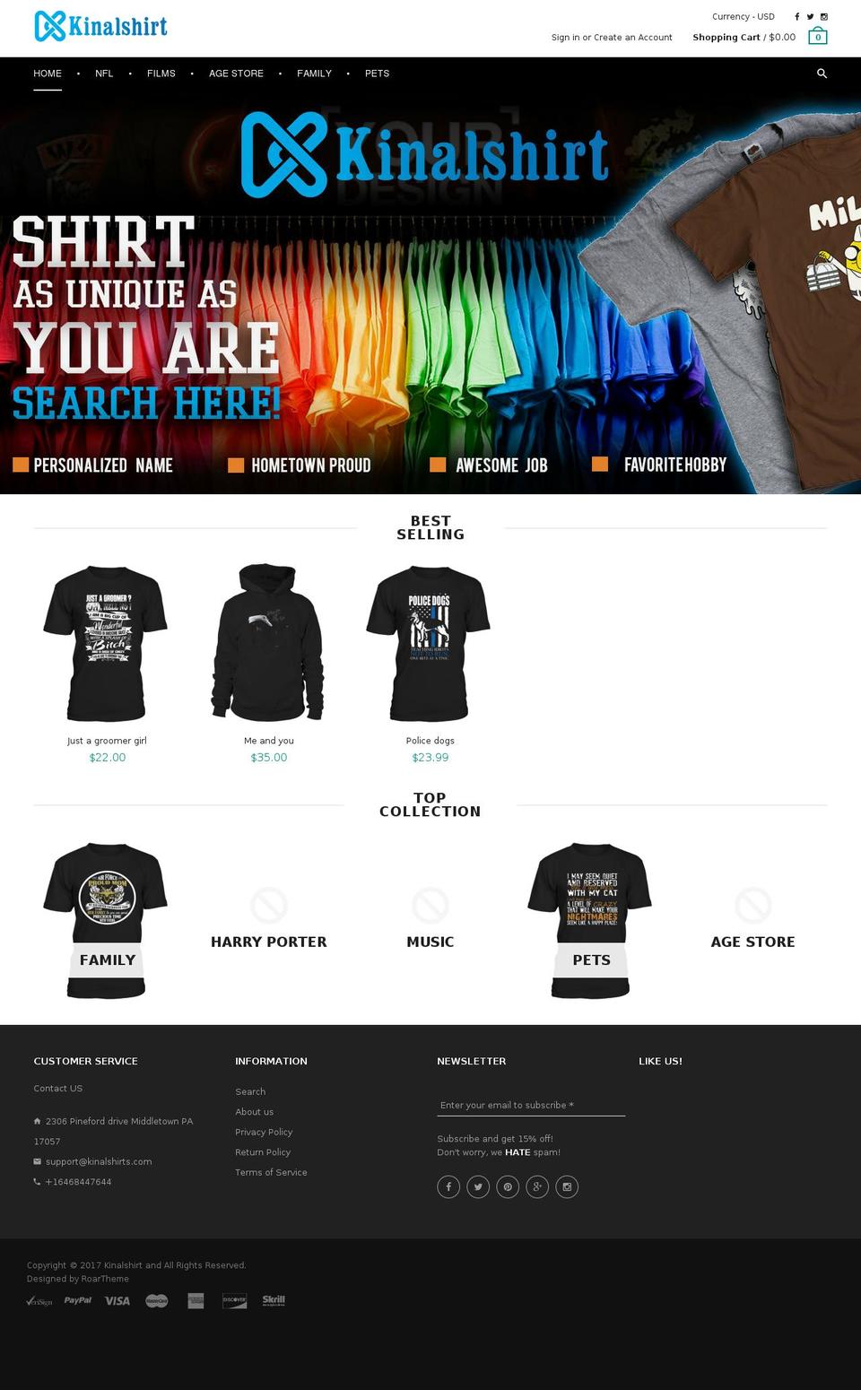 kinalshirts.com shopify website screenshot