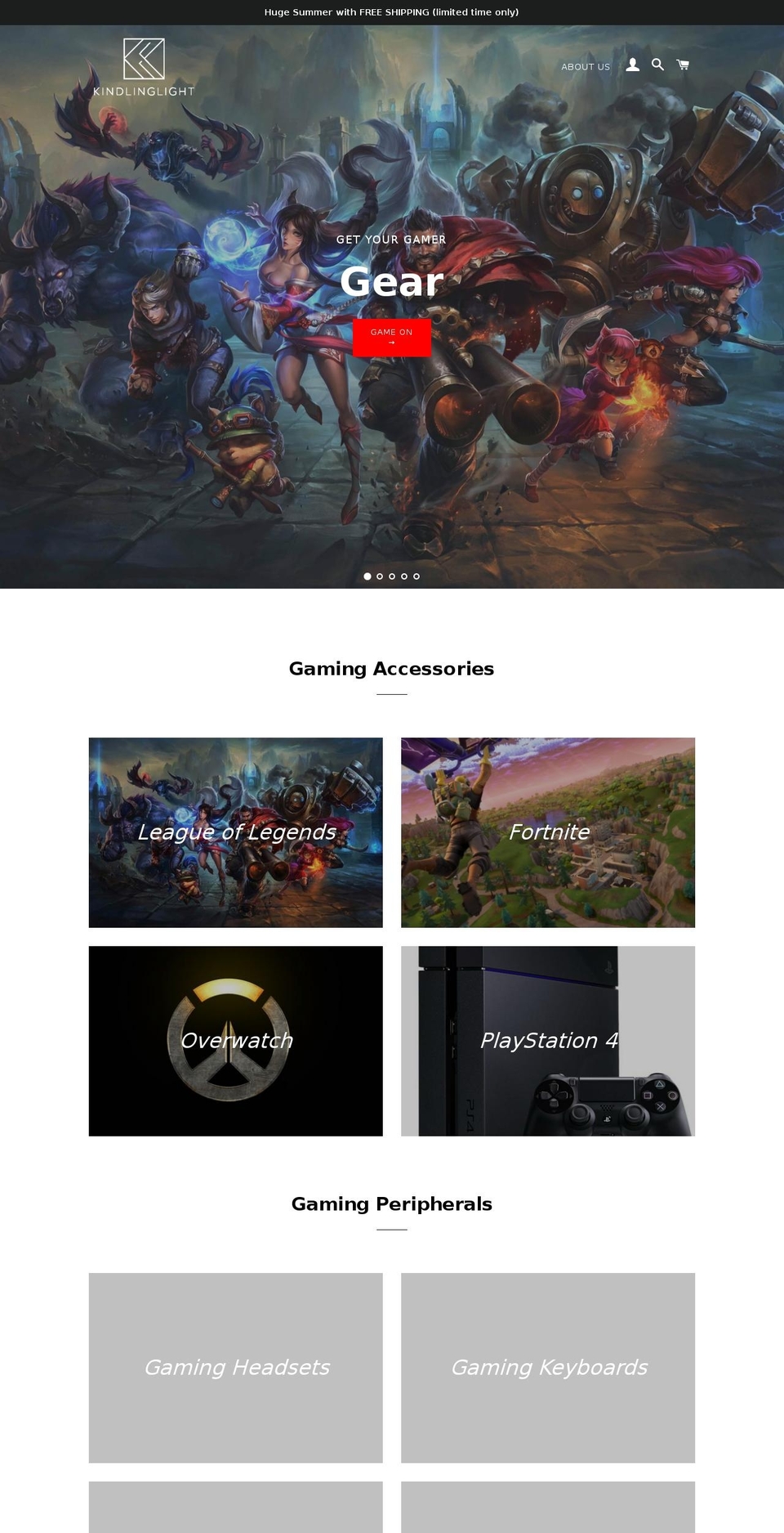 Gaming Shopify theme site example kindlinglight.com