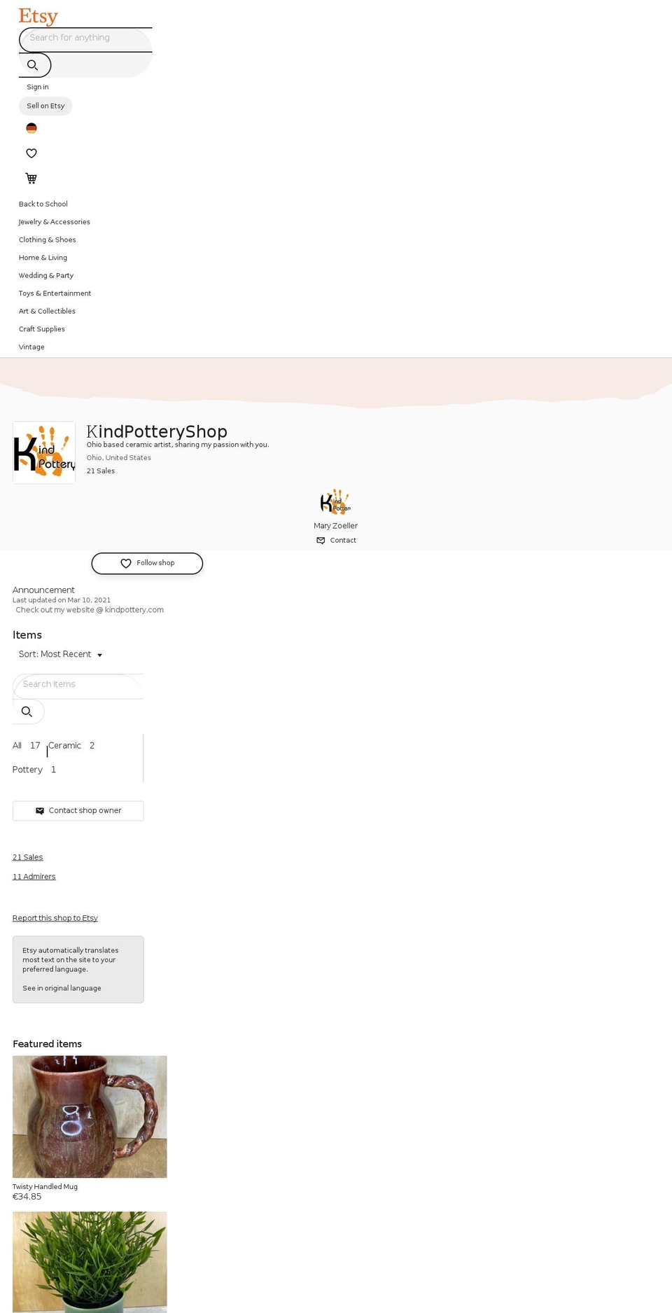 kindpottery.com — Shopify storefront screenshot