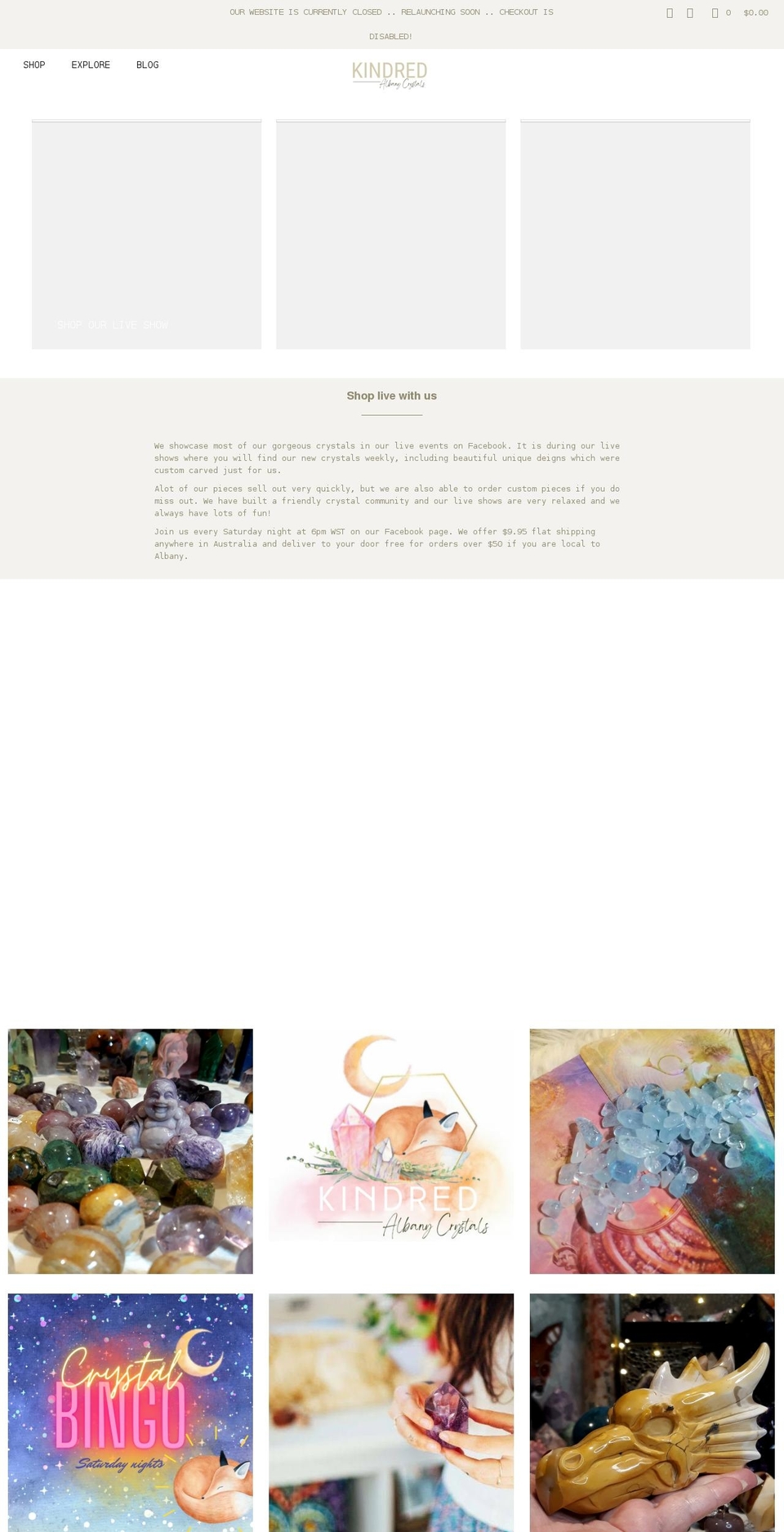 kindredcrystals.com shopify website screenshot