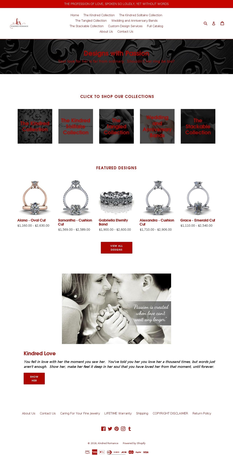 kindredromance.com — Shopify storefront screenshot